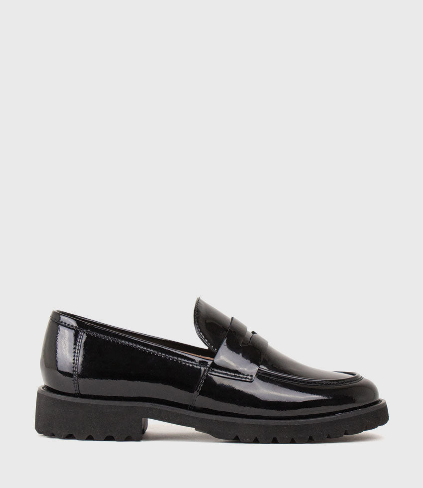 GENTRY Chunky Moccasin on EVA sole in Black Patent - Edward Meller