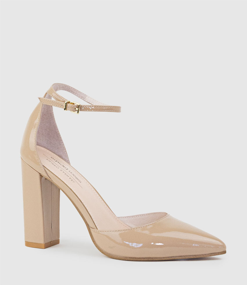 GLAM100 Block Heel Dorsay Pump in Nude Patent - Edward Meller