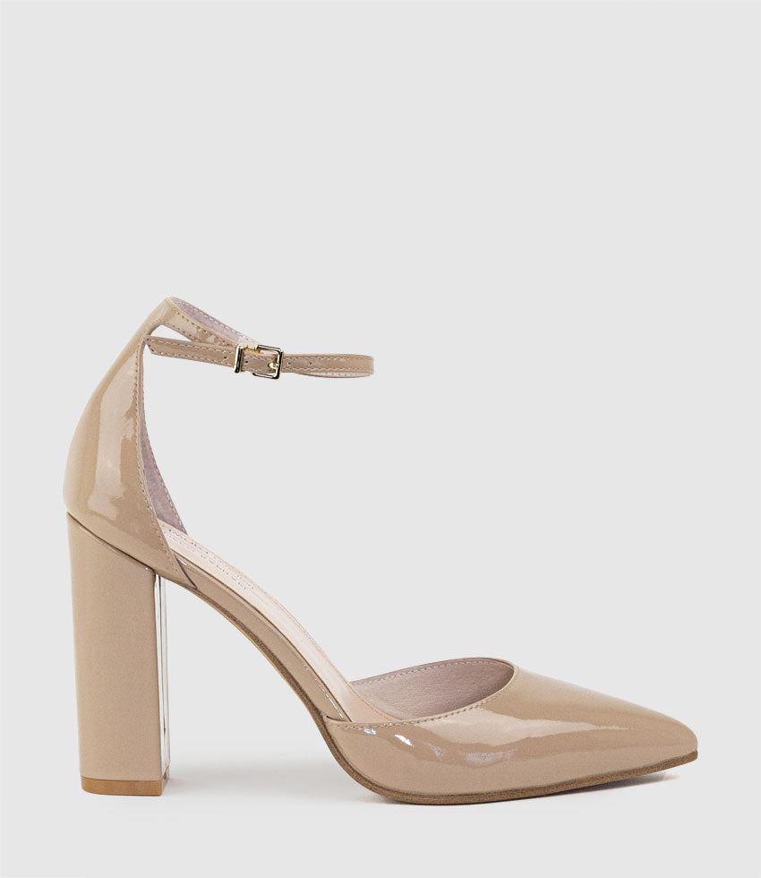GLAM100 Block Heel Dorsay Pump in Nude Patent - Edward Meller