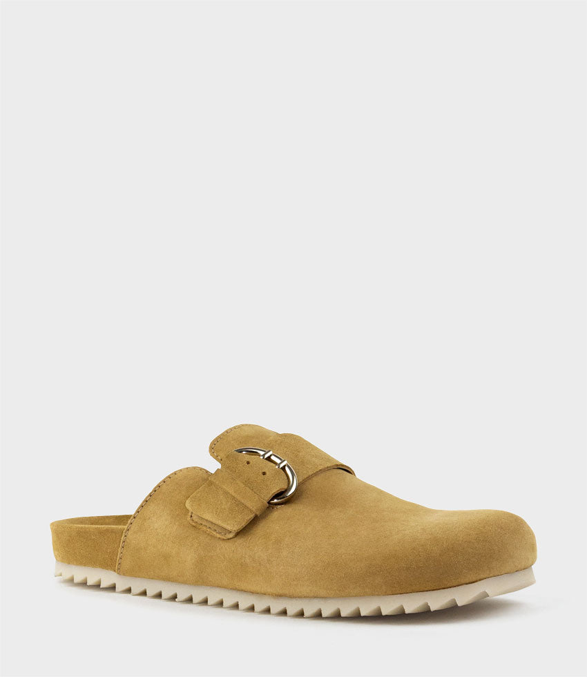 HENDRA Closed Toe Slide with Buckle in Camel Suede - Edward Meller