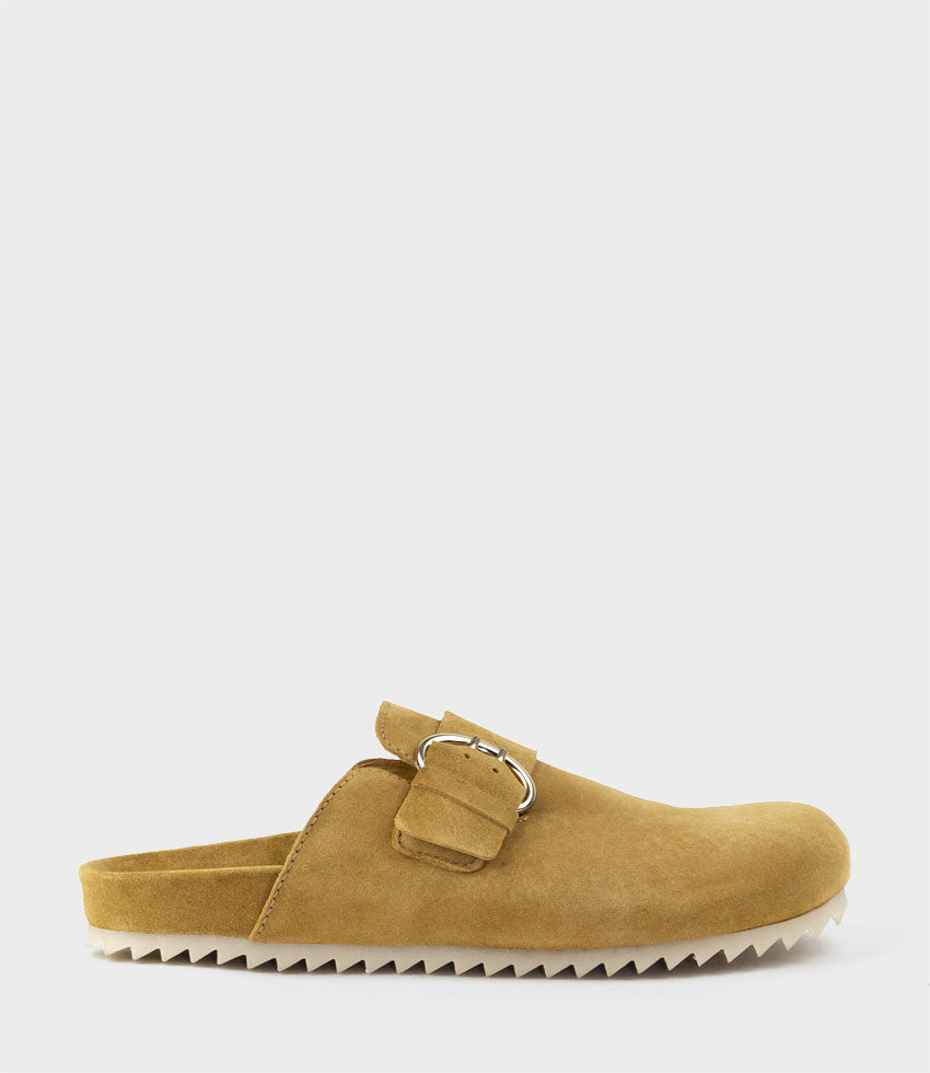 HENDRA Closed Toe Slide with Buckle in Camel Suede - Edward Meller