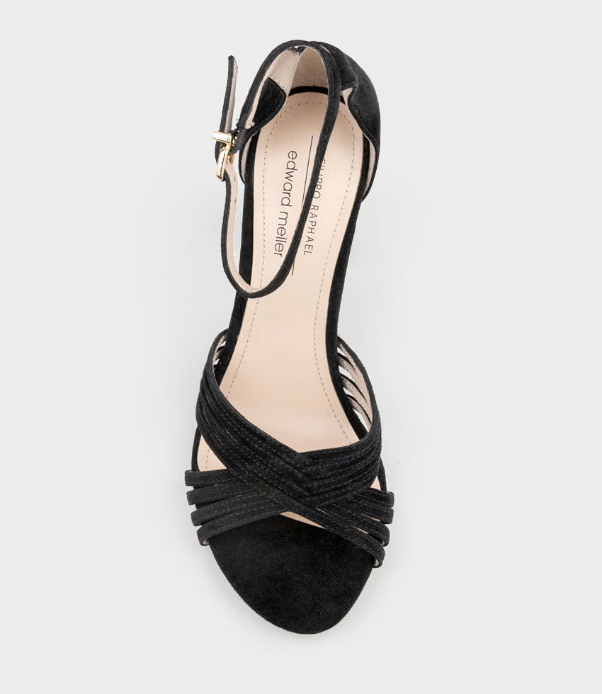 KARINA85 Multistrap Block Heel Sandal in Black Suede - Edward Meller