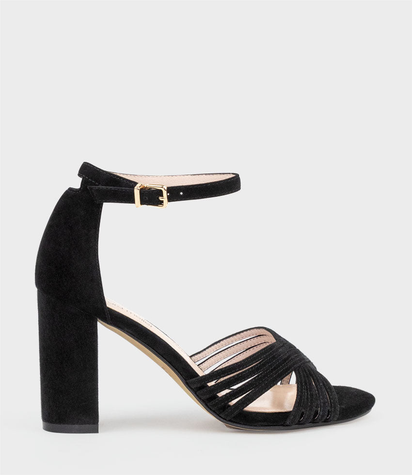 KARINA85 Multistrap Block Heel Sandal in Black Suede - Edward Meller