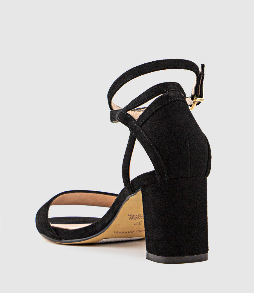 KENIA60 Block Heel Sandal with Hourglass Ankle Wrap in Black Suede - Edward Meller