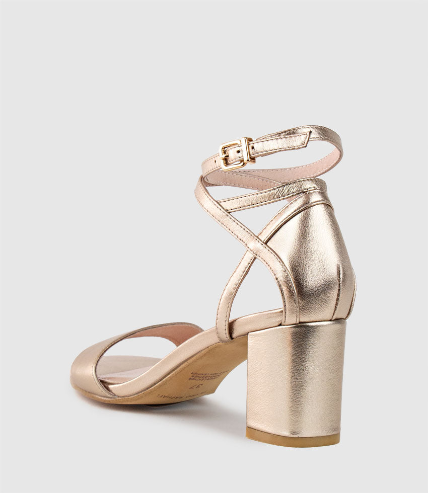 KENIA60 Block Heel Sandal with Hourglass Ankle Wrap in Rosegold - Edward Meller
