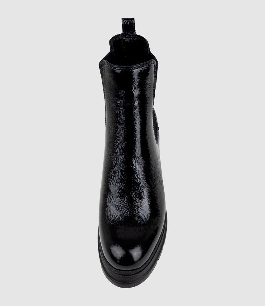 PAXTON Chukka Boot on Rubber Heel in Black Patent - Edward Meller