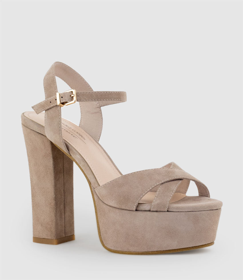 RAMONA125 Inverted Crossover Platform Sandal in Nude Suede - Edward Meller