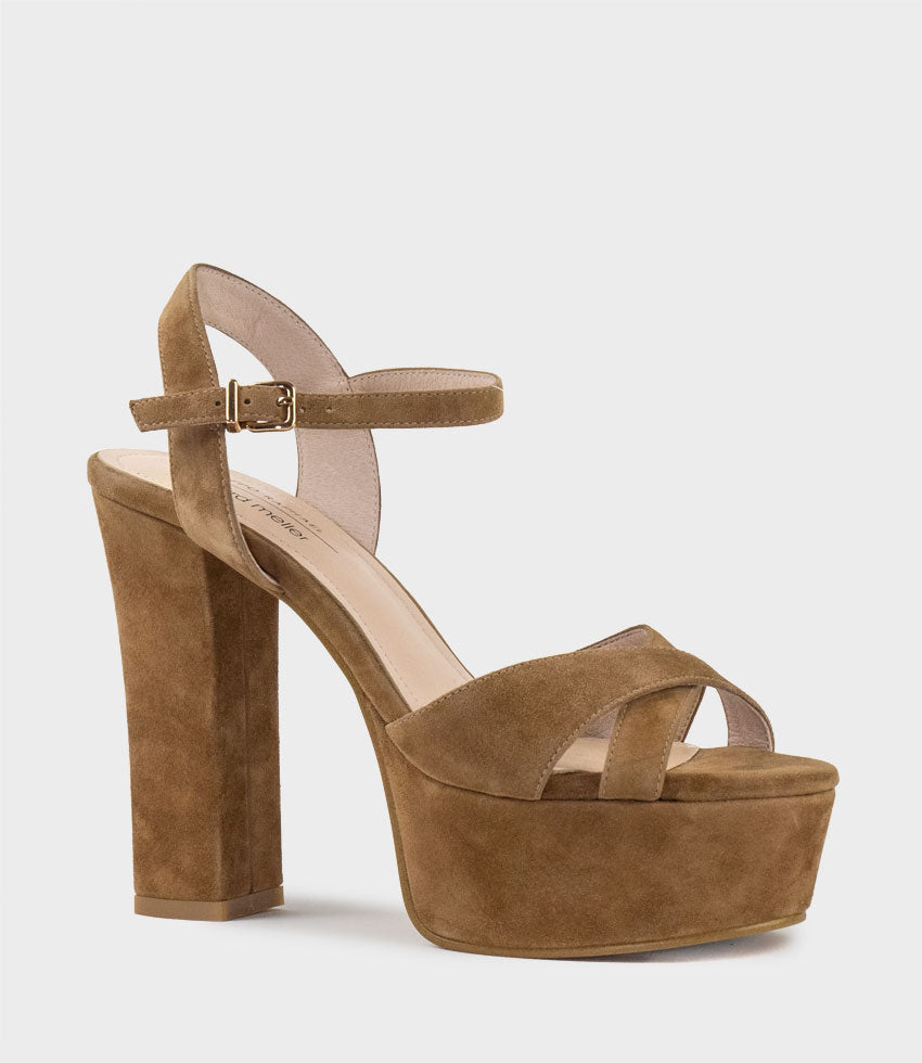 RAMONA125 Inverted Crossover Platform Sandal in Tawny Suede - Edward Meller
