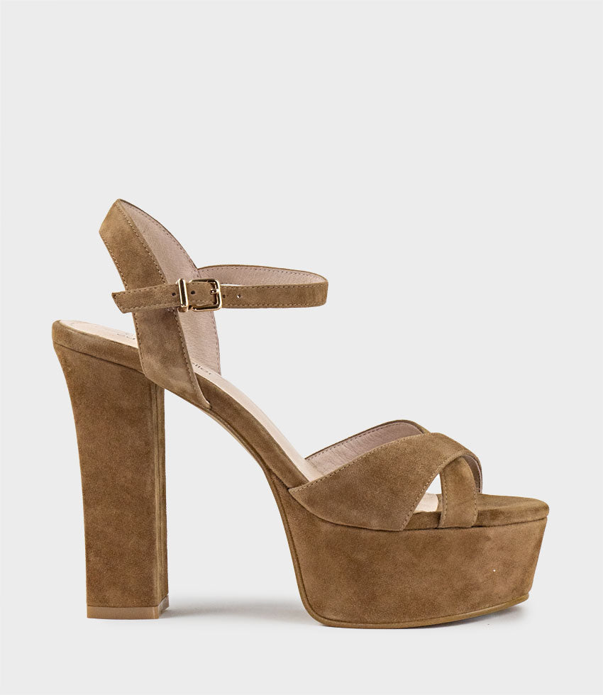 RAMONA125 Inverted Crossover Platform Sandal in Tawny Suede - Edward Meller