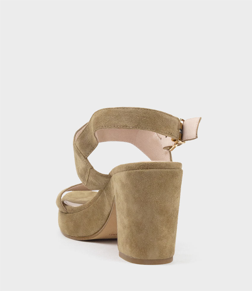RAMY80 Two Strap Sandal on Self Covered Unit in Camel Suede - Edward Meller