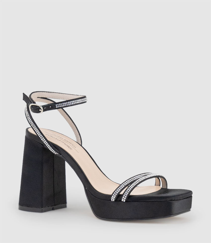 RASSO95 Platform Sandal with Diamante Straps in Black Satin - Edward Meller