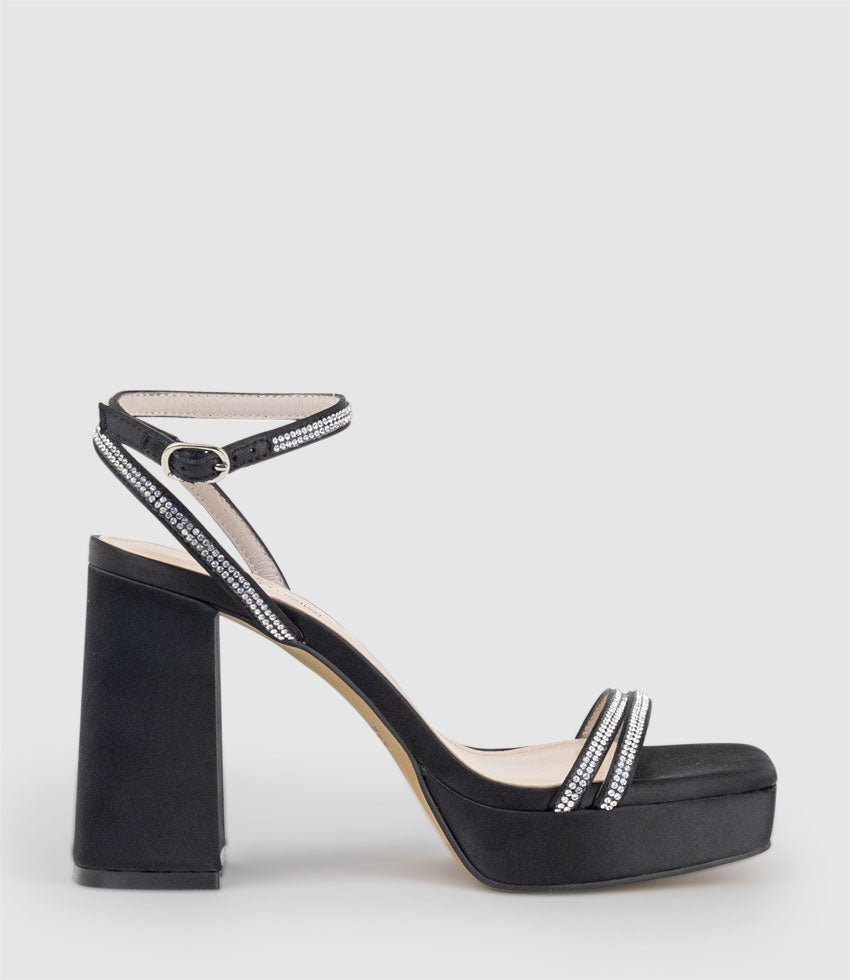 RASSO95 Platform Sandal with Diamante Straps in Black Satin - Edward Meller
