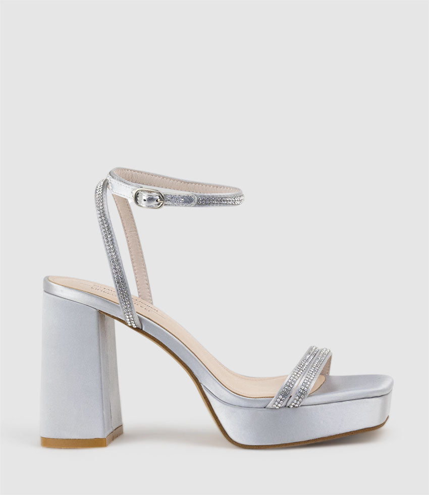 RASSO95 Platform Sandal with Diamante Straps in Silver Satin - Edward Meller