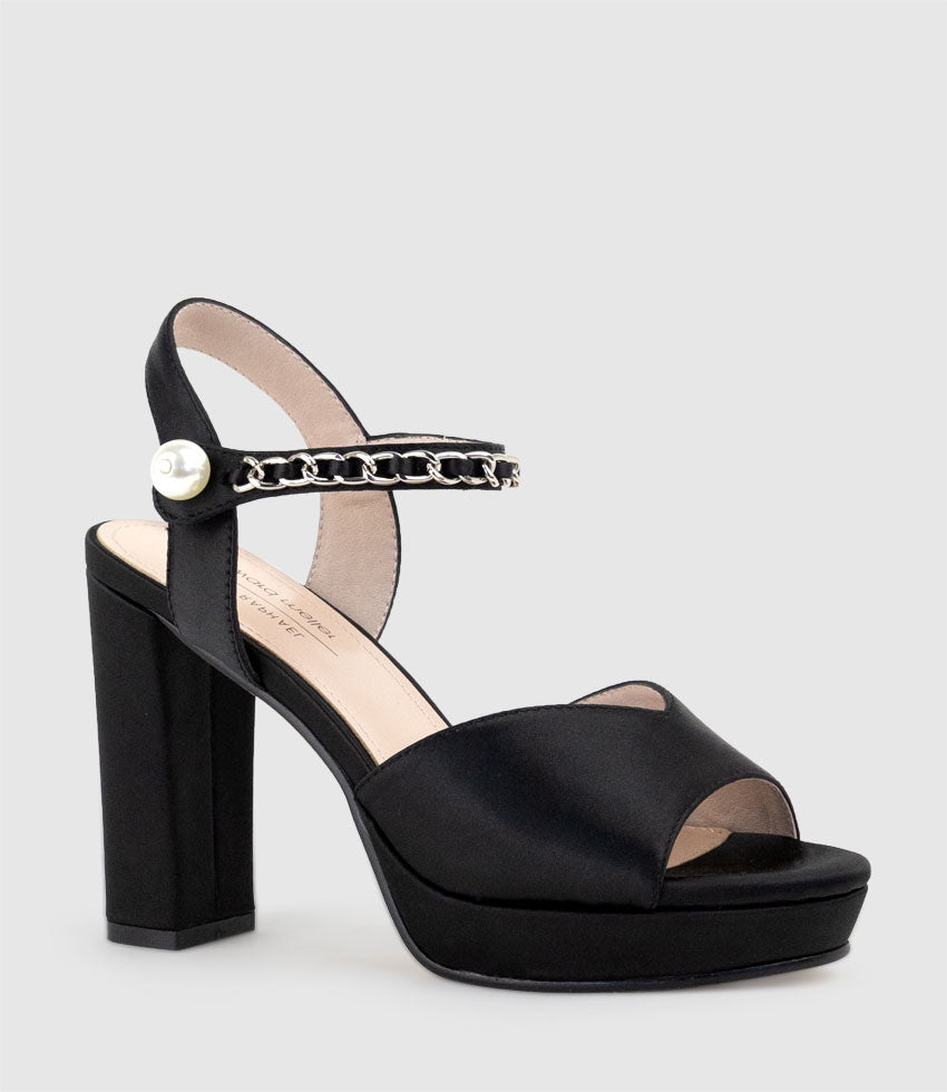 REGAN100 Platform Sandal with Chain in Black Satin - Edward Meller