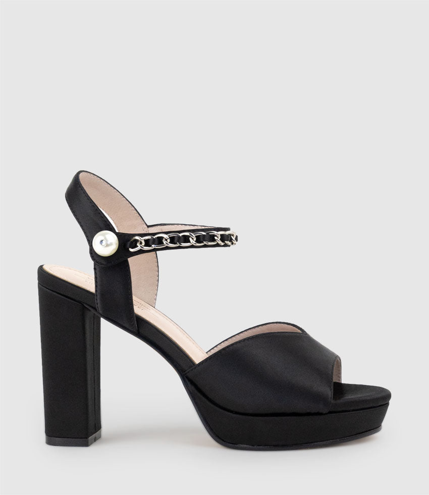 REGAN100 Platform Sandal with Chain in Black Satin - Edward Meller