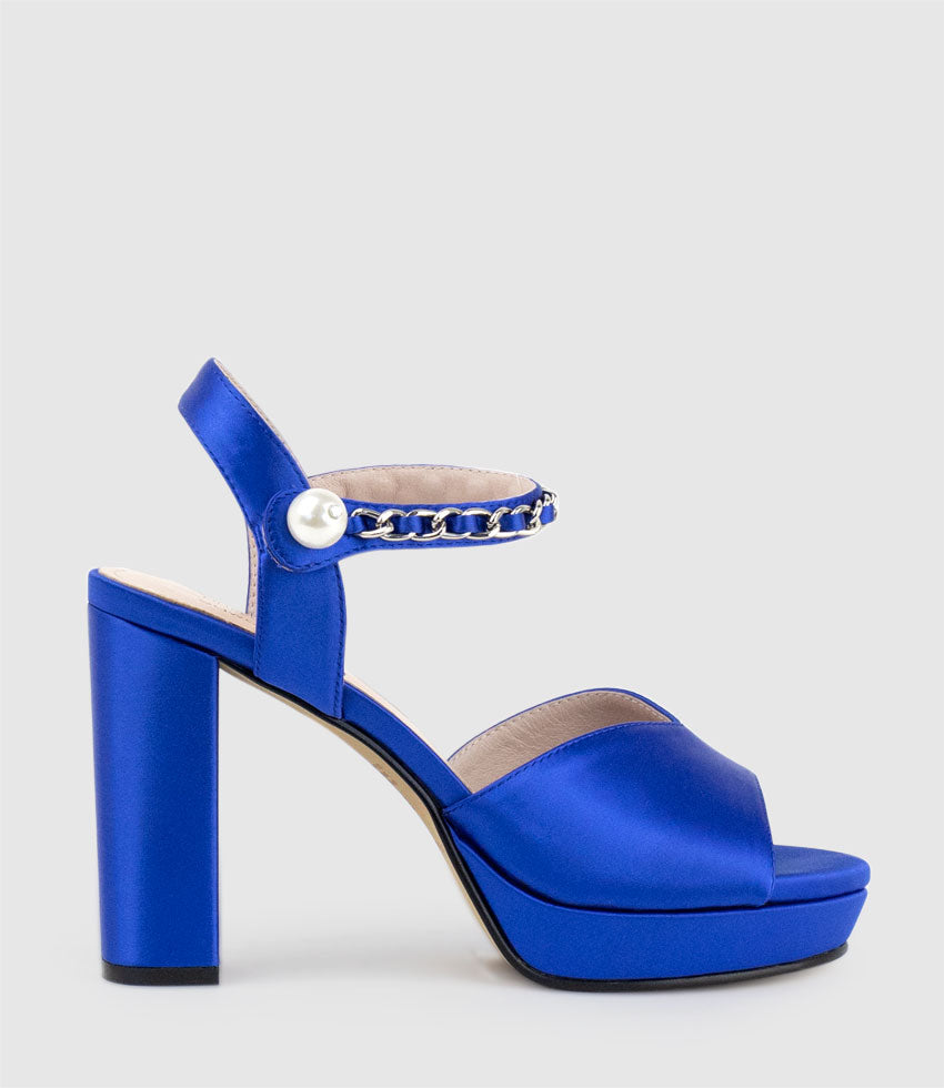 REGAN100 Platform Sandal with Chain in Cobalt Satin - Edward Meller