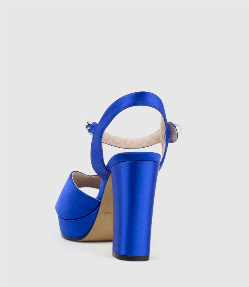 REGAN100 Platform Sandal with Chain in Cobalt Satin - Edward Meller