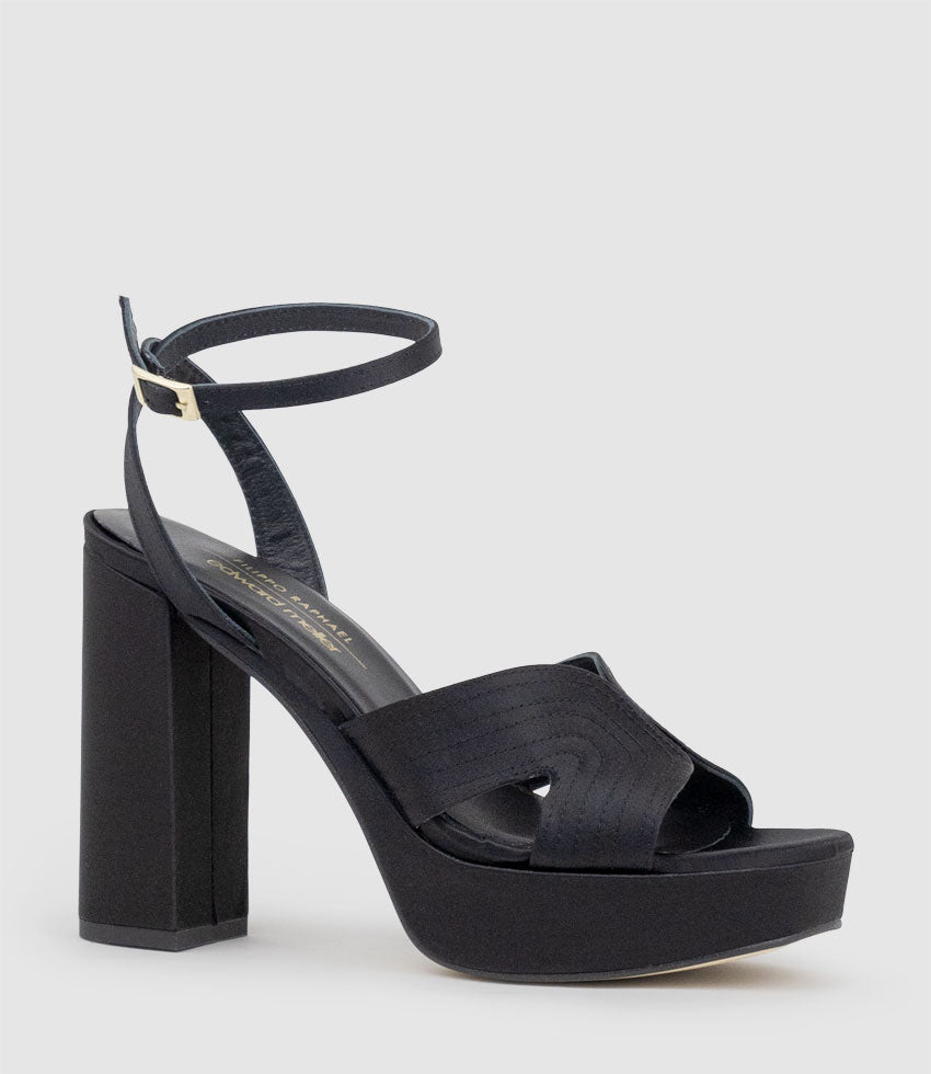 ROSALIA100 Stitched Detail Platform Sandal in Black Satin - Edward Meller