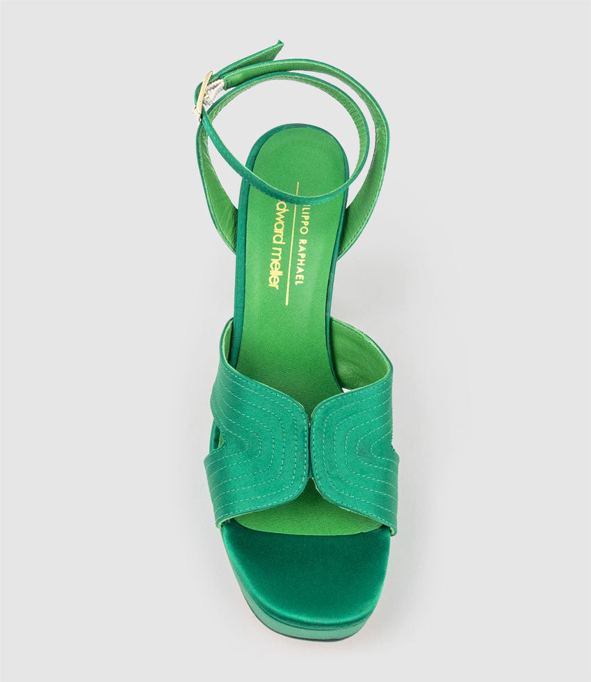 ROSALIA100 Stitched Detail Platform Sandal in Green Satin - Edward Meller