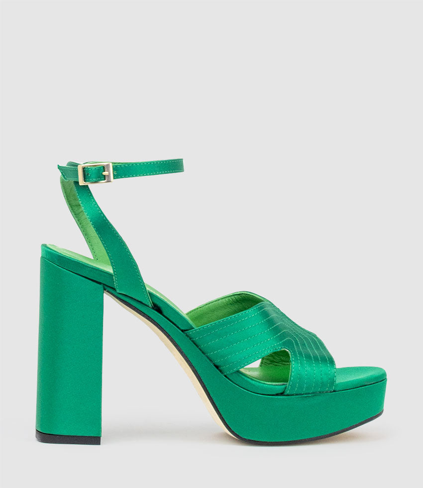 ROSALIA100 Stitched Detail Platform Sandal in Green Satin - Edward Meller