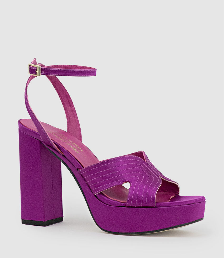 ROSALIA100 Stitched Detail Platform Sandal in Magenta Satin - Edward Meller