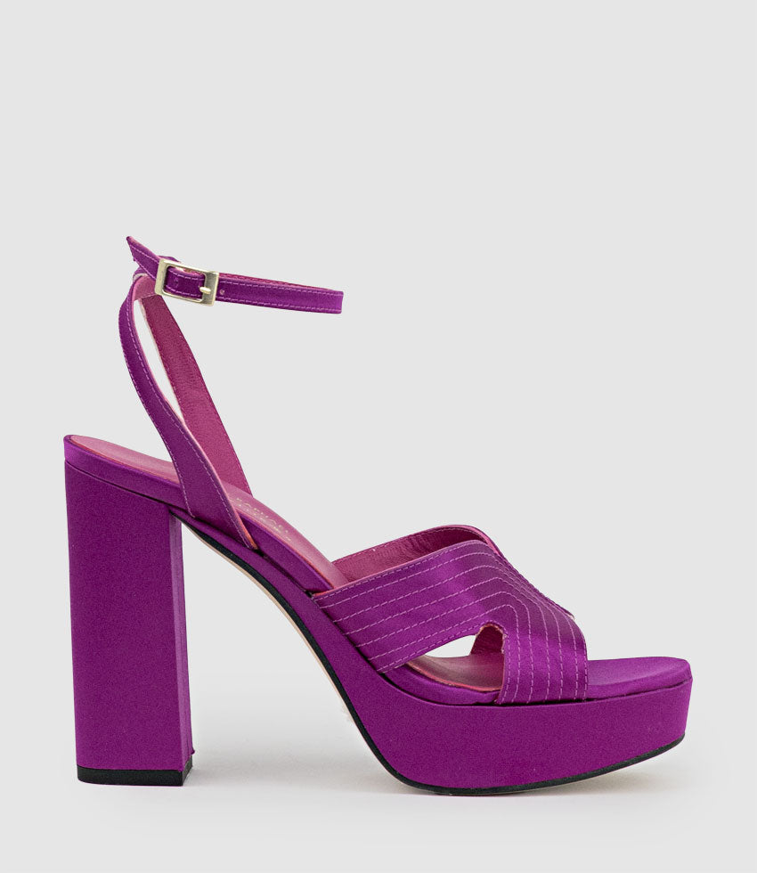 ROSALIA100 Stitched Detail Platform Sandal in Magenta Satin - Edward Meller