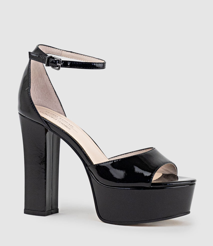 ROXY125 Open Toe Platform Sandal in Black Patent - Edward Meller