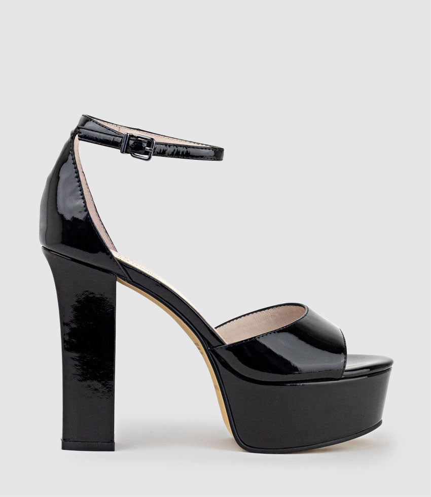 ROXY125 Open Toe Platform Sandal in Black Patent - Edward Meller