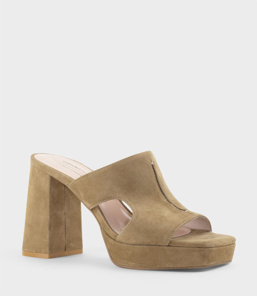 RYLIE95 Platform Slide with Cut-out in Camel Suede - Edward Meller
