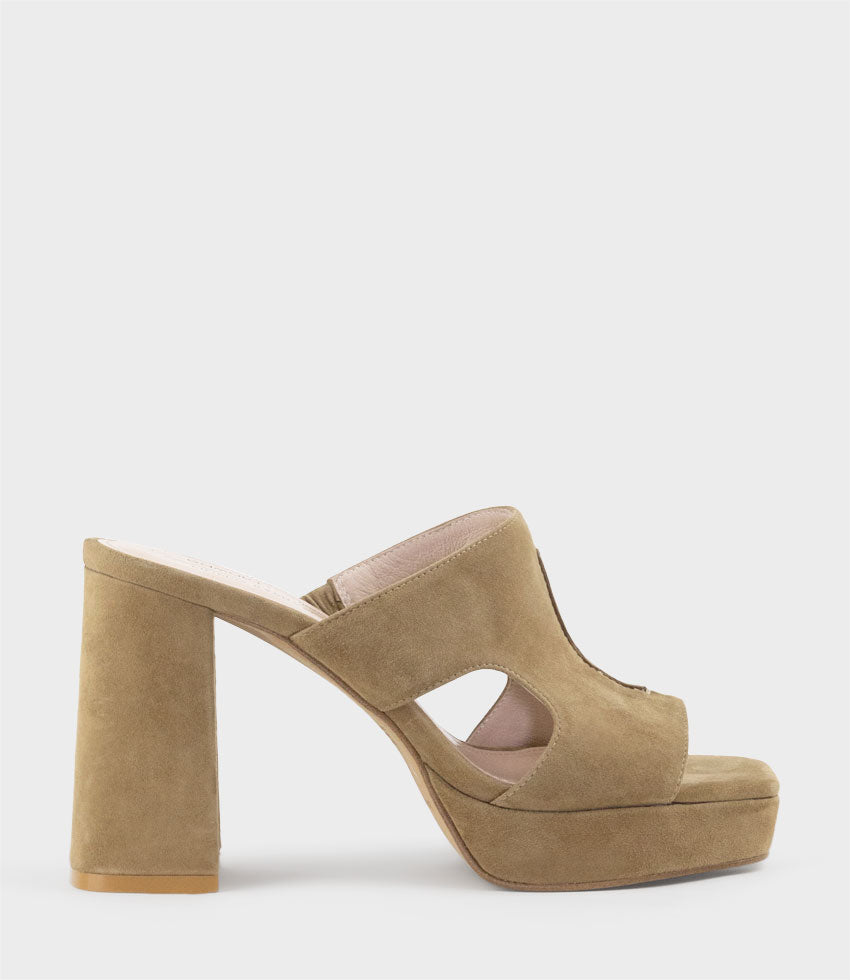 RYLIE95 Platform Slide with Cut-out in Camel Suede - Edward Meller
