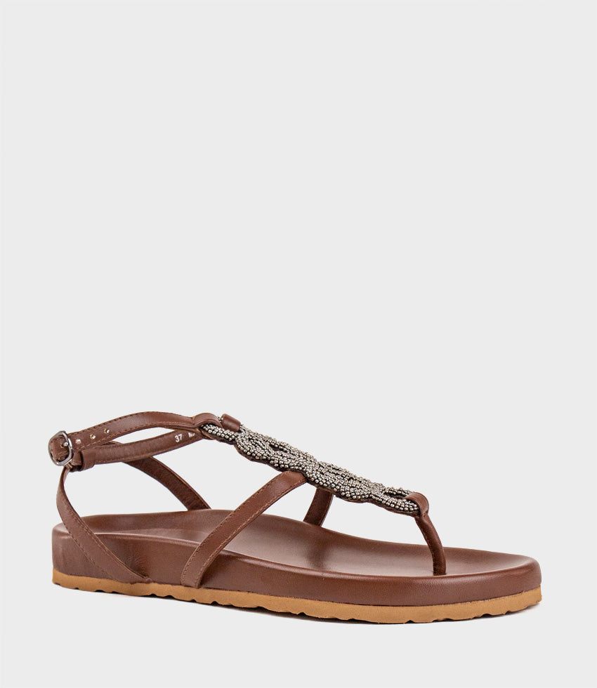 SARIA Embroidered Sandal on Footbed in Brown - Edward Meller