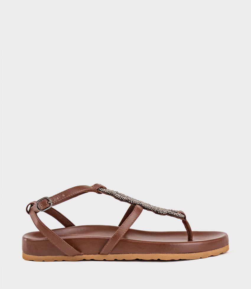 SARIA Embroidered Sandal on Footbed in Brown - Edward Meller