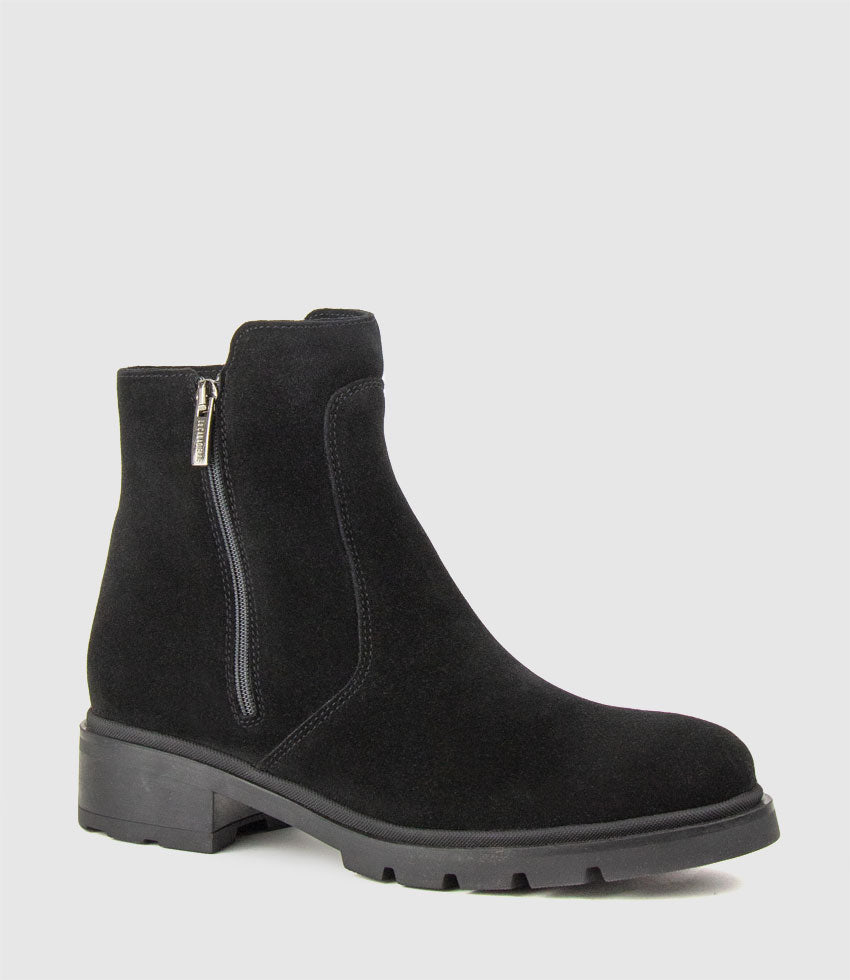SASSY Double Zip Ankle Boot in Black Suede - Edward Meller