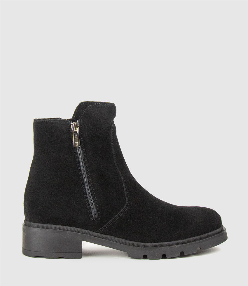 SASSY Double Zip Ankle Boot in Black Suede - Edward Meller