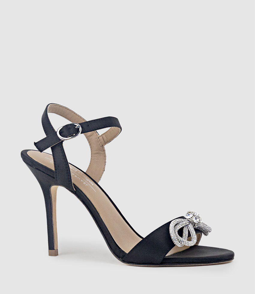 SERENE100 Sandal with Crystal Bow in Black Satin - Edward Meller