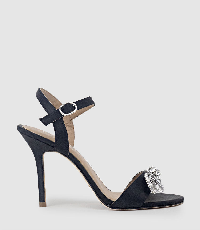 SERENE100 Sandal with Crystal Bow in Black Satin - Edward Meller