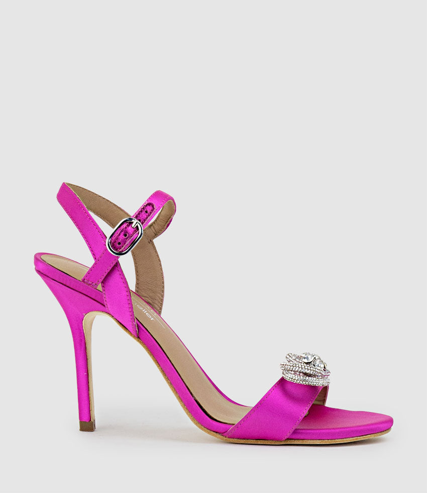 SERENE100 Sandal with Crystal Bow in Hot Pink Satin - Edward Meller