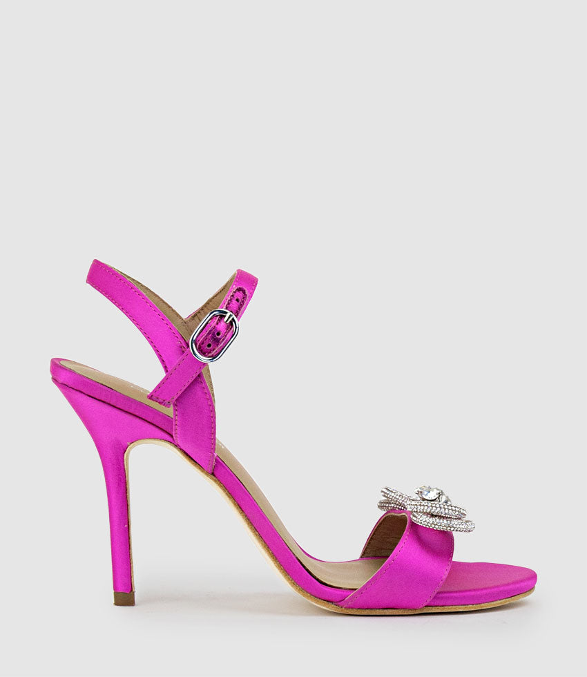 SERENE100 Sandal with Crystal Bow in Hot Pink Satin - Edward Meller