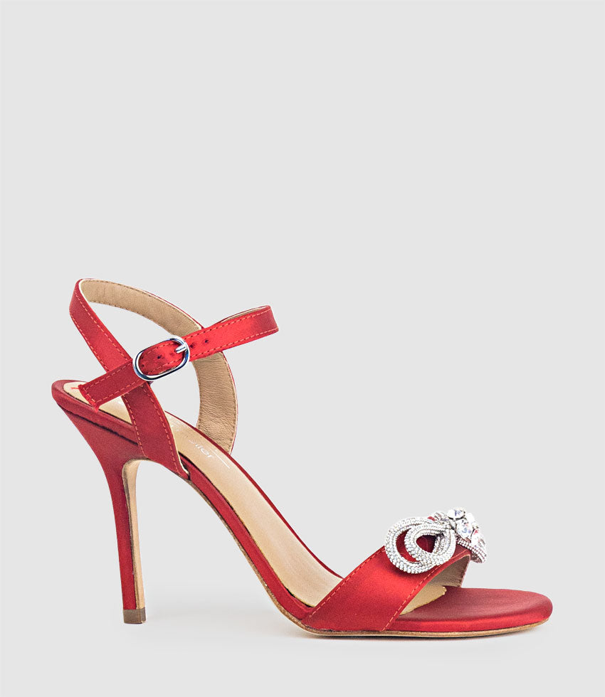 SERENE100 Sandal with Crystal Bow in Red Satin - Edward Meller
