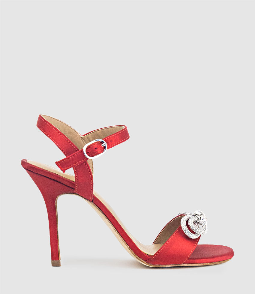 SERENE100 Sandal with Crystal Bow in Red Satin - Edward Meller