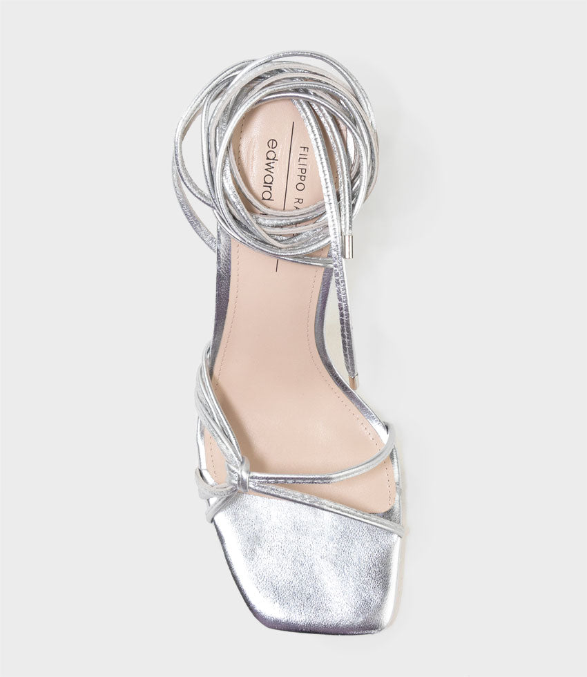 SIDNEY80 Square Toe Ankle Tie Sandal in Silver - Edward Meller