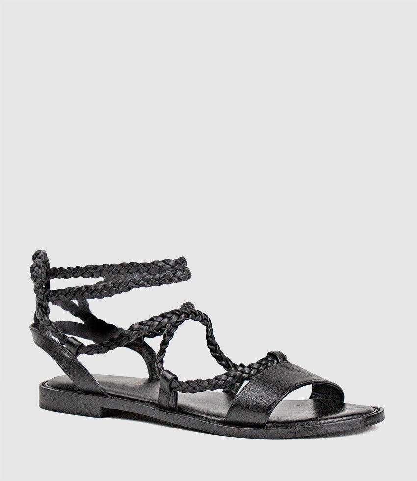 SION Sandal with Woven Ankle Tie in Black - Edward Meller