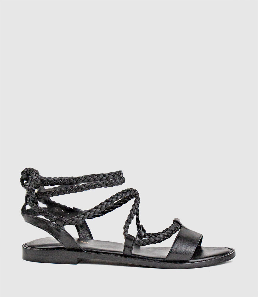 SION Sandal with Woven Ankle Tie in Black - Edward Meller