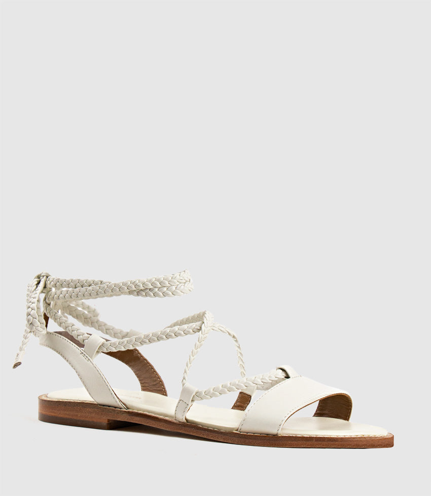 SION Sandal with Woven Ankle Tie in White - Edward Meller