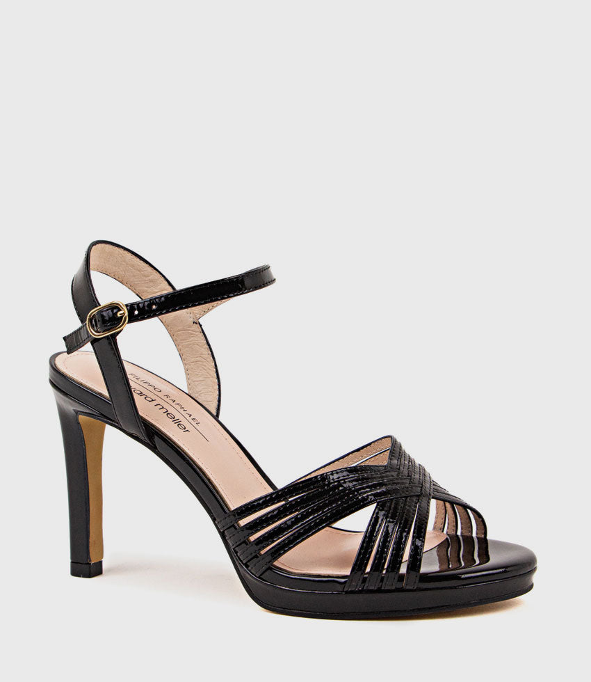 SONA90 Cross Strap Platform Sandal in Black Patent - Edward Meller