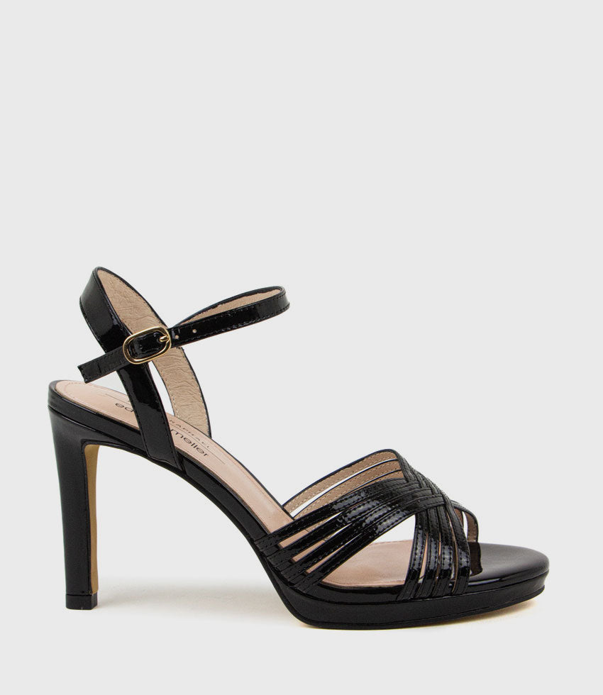 SONA90 Cross Strap Platform Sandal in Black Patent - Edward Meller