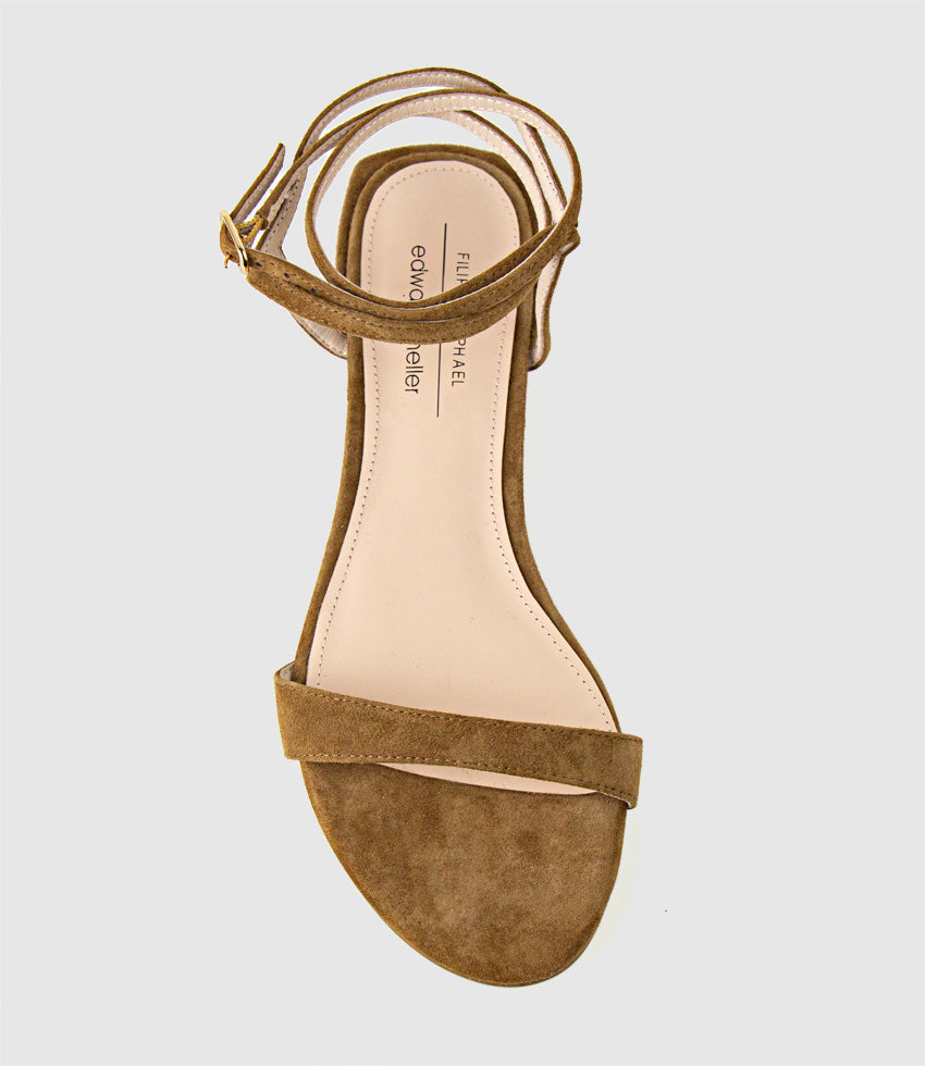 TIRIA Ankle Wrap Flat Sandal in Tawny Suede - Edward Meller