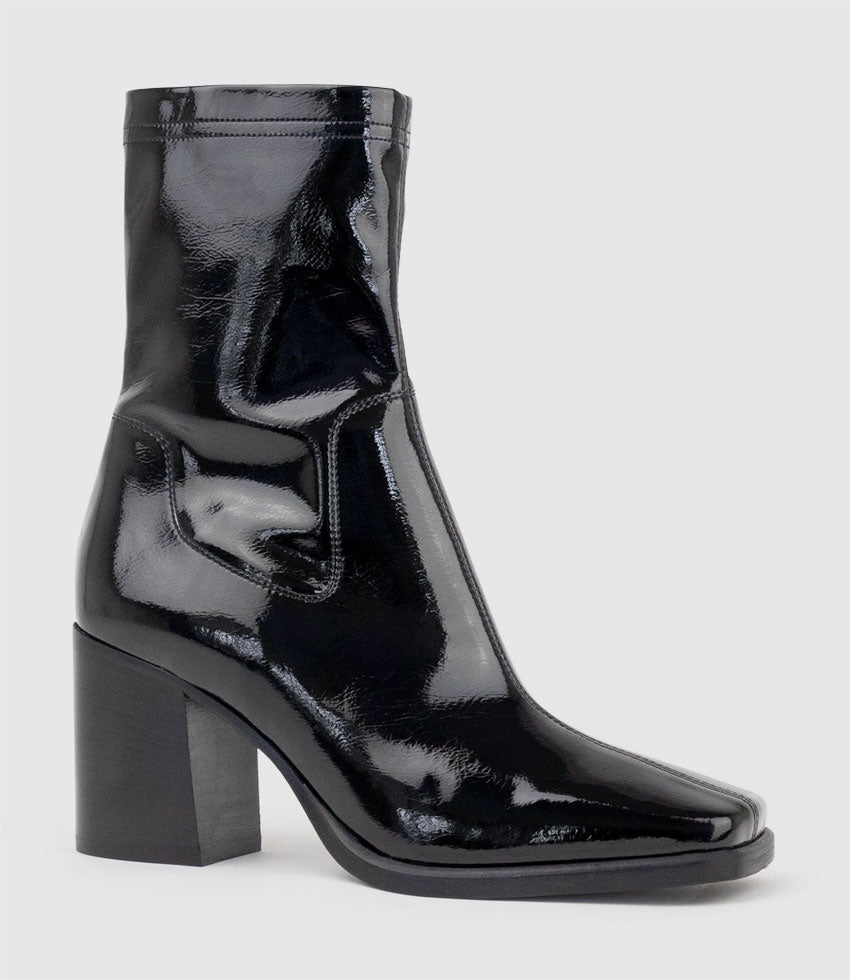 UNDRA80 Square Toe Ankle Boot in Black Patent - Edward Meller