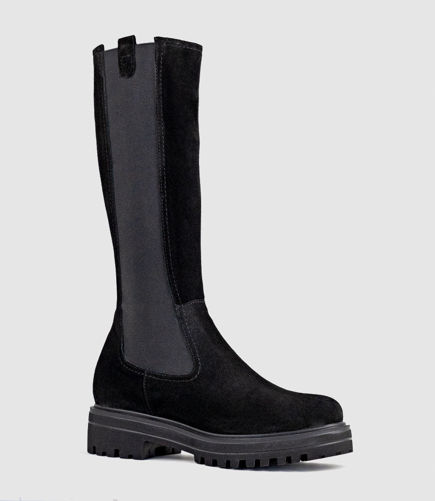 VERNE Knee High Boot with Gusset in Black Suede - Edward Meller