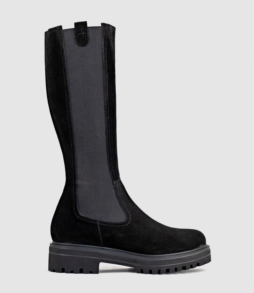 VERNE Knee High Boot with Gusset in Black Suede - Edward Meller